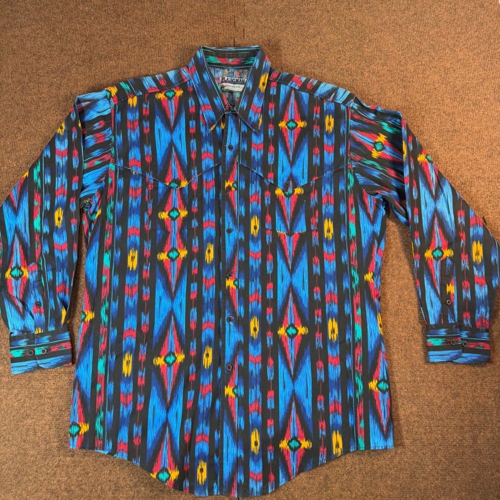 Plainsman Western Shirt Mens XL Aztec Geometric Blue Cotton Button Down A+ rare